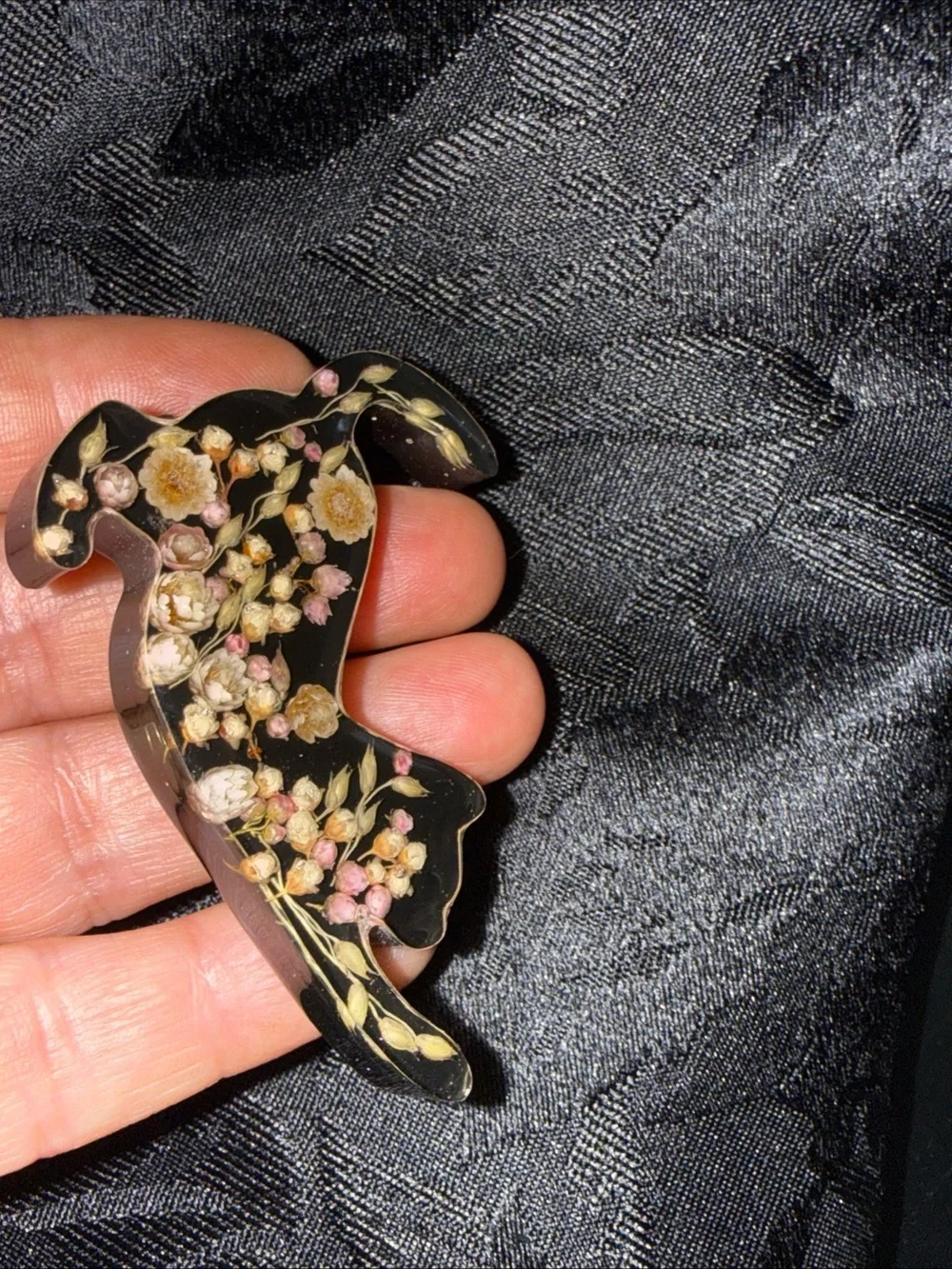 Floral Cat Brooch Pin - Black with Pink & Cream Flowers